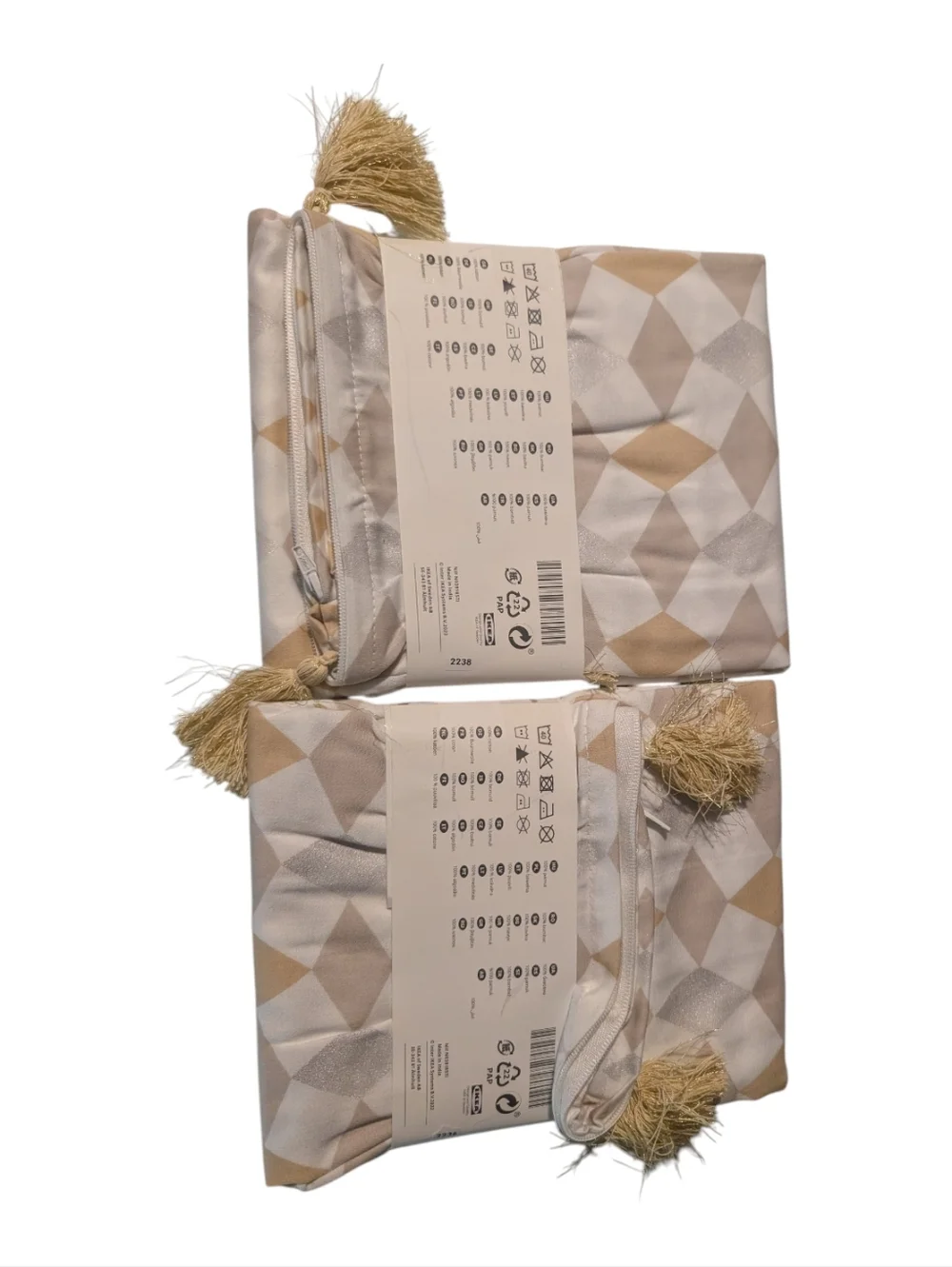 New IKEA Decorative Geometric Gold and Cream Throw Pillow with Tassels, 2